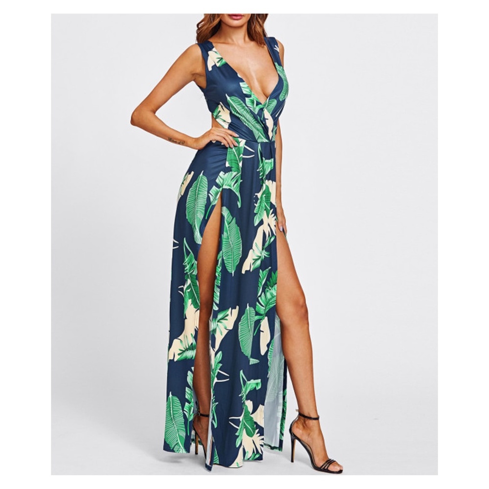 Blue Tropical Print Backless M Slit Maxi Dress - Picture 3 of 5